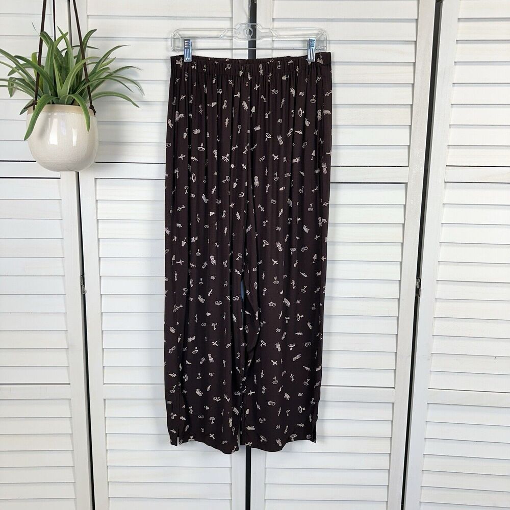 Salaam Vermont Brown Relaxed Rayon Pant Doodle‎ Novelty Print Womens Size S/M